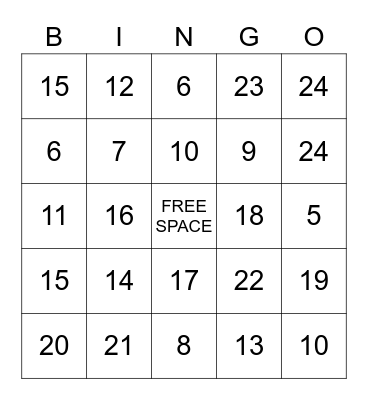 Numbers 1 to 25 Bingo Card