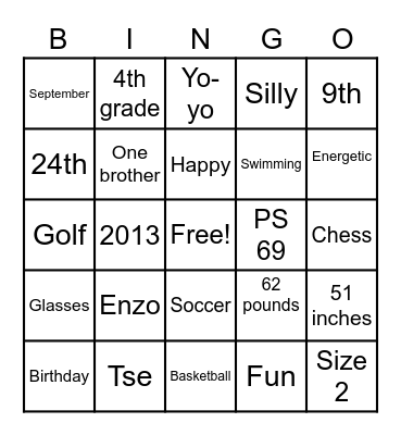 Enzo 9th Birthday Bingo Card