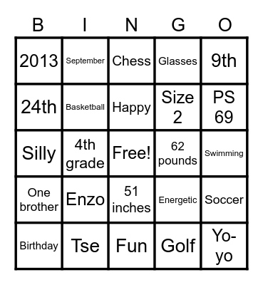 Enzo 9th Birthday Bingo Card