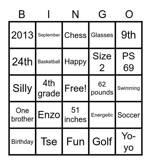 Enzo 9th Birthday Bingo Card