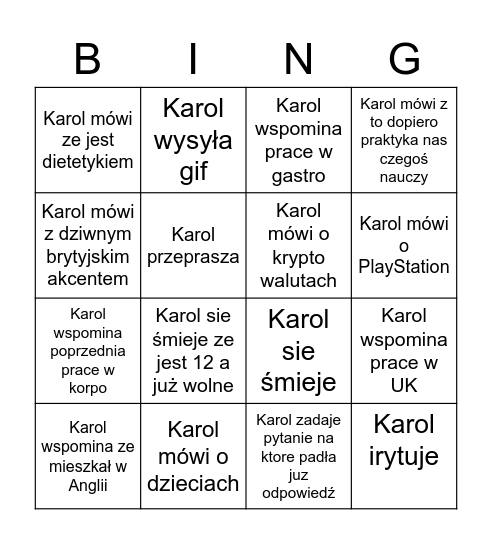 Karol Bingo Card