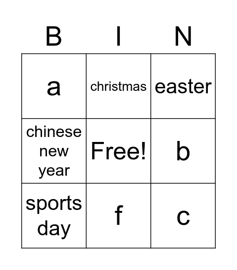 School events Bingo Card