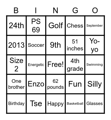 UntitledEnzo 9th Birthday  Bingo Card