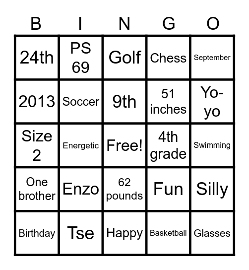 UntitledEnzo 9th Birthday  Bingo Card