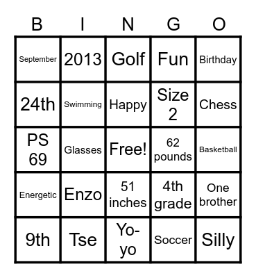 Enzo 9th Birthday Bingo Card