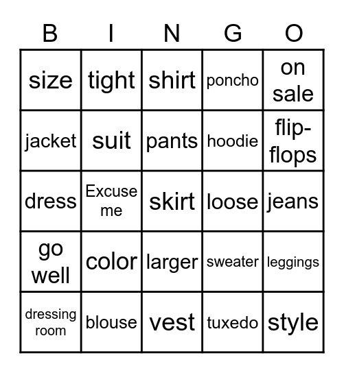 Clothing Chat Bingo Card