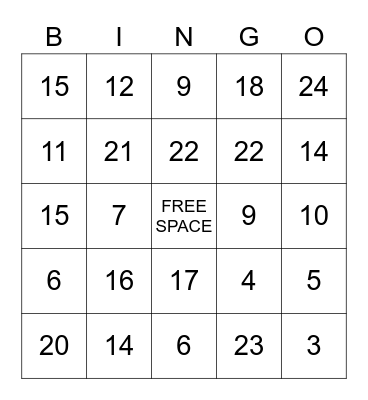 Numbers 1 to 25 Bingo Card