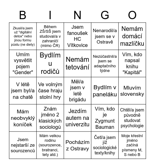 Sociologické BINGO 2 Bingo Card