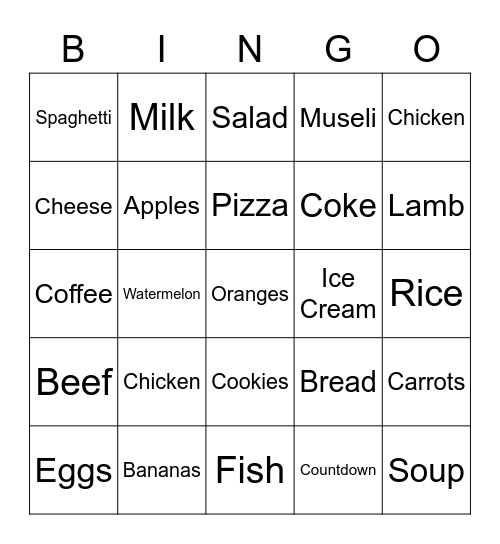 Food Camp Bingo Card