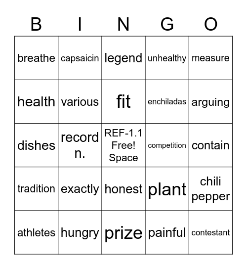 THINKO: REF1.1 Vocabulary Bingo Card