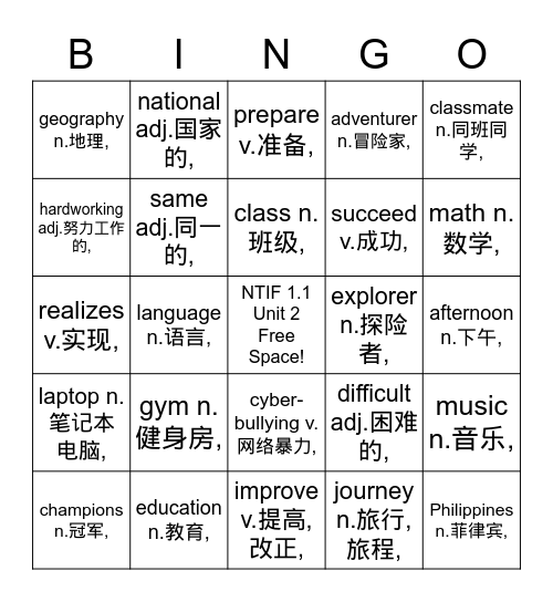 NTIF-1.1 Vocabulary Unit 2 Bingo Card