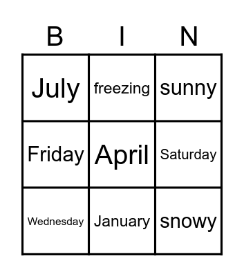 Days / Months / Seasons / Weather Bingo Card