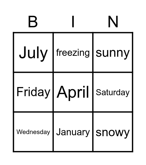 Days / Months / Seasons / Weather Bingo Card