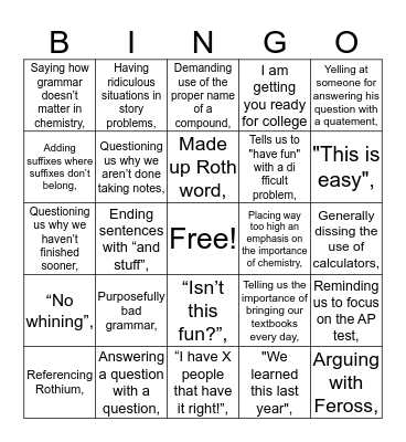 Chemistry Bingo Card