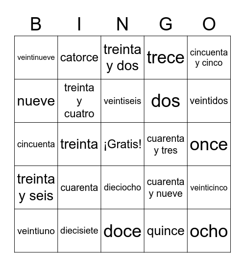 Spanish numbers 1-50 Bingo Card