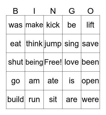 action/being verbs Bingo Card