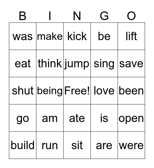 action/being verbs Bingo Card