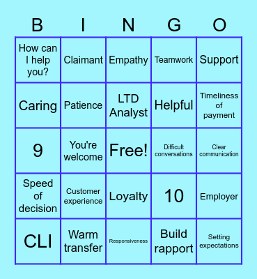 Customer Service Bingo Card