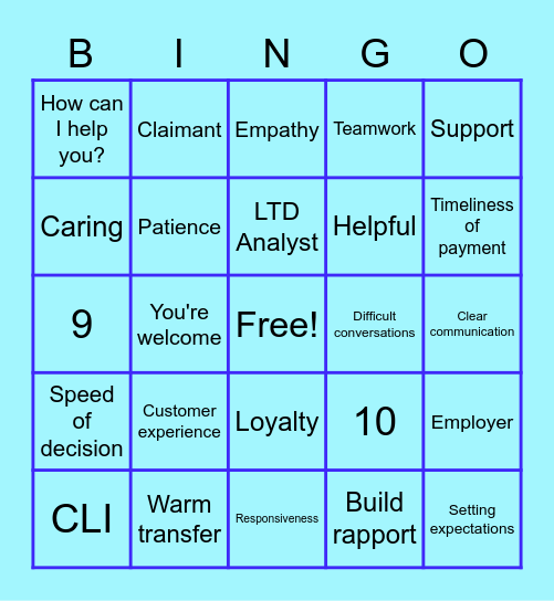 Customer Service Bingo Card