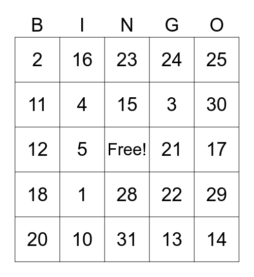 Los Números 1-31 Bingo Card