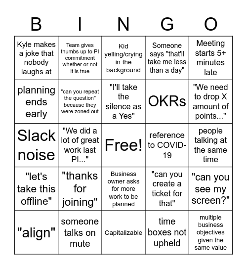 PI Planning Bingo Card