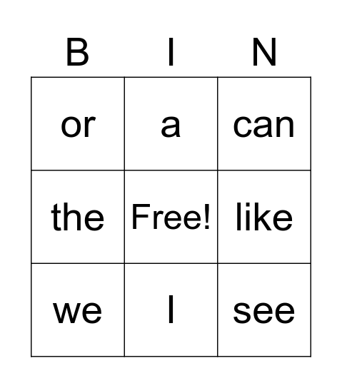 Sight Word Bingo Card