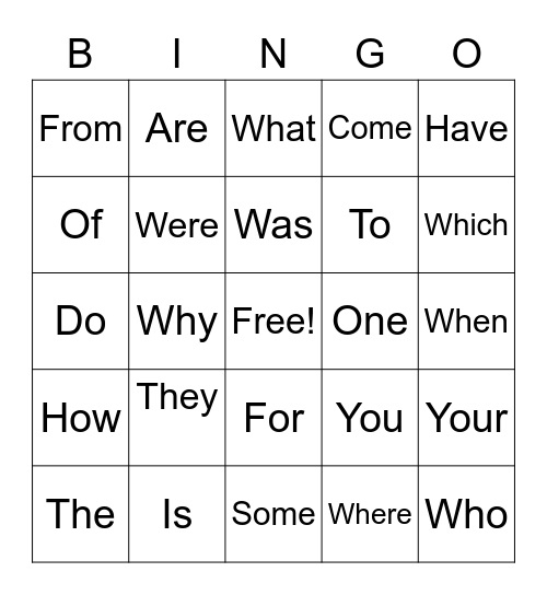 High Frequency Word Bingo Card