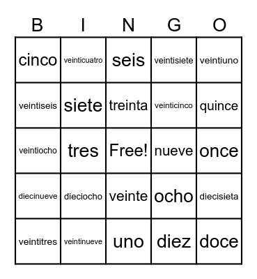 Spanish Numbers Bingo Card