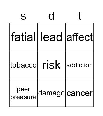 stop tobacco Bingo Card