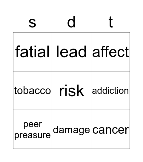 stop tobacco Bingo Card