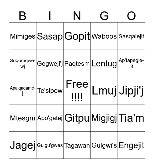 mik'maq words animal in the woods Bingo Card