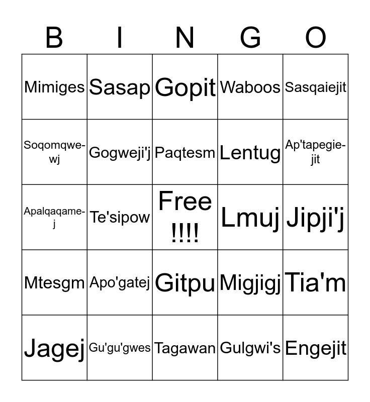 mik'maq words animal in the woods Bingo Card