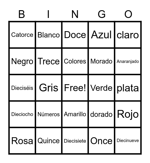 Colors and Numbers 10-20 Bingo Card