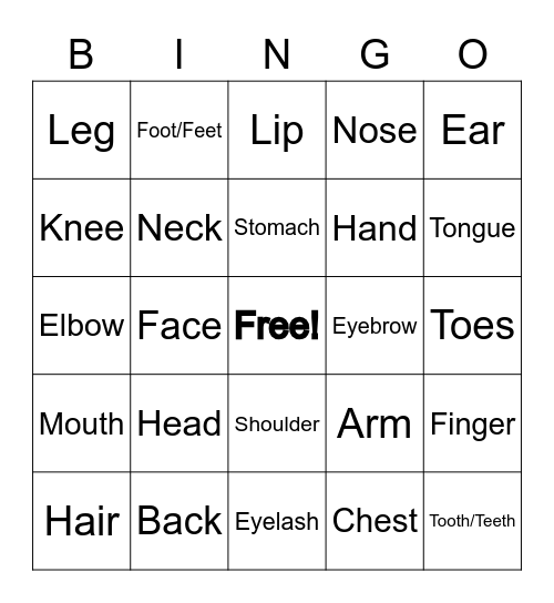 Body Parts Bingo Card