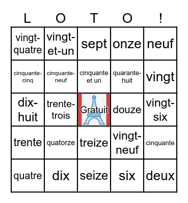 French numbers 0-60 Bingo Card