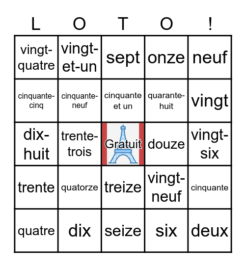 French numbers 0-60 Bingo Card