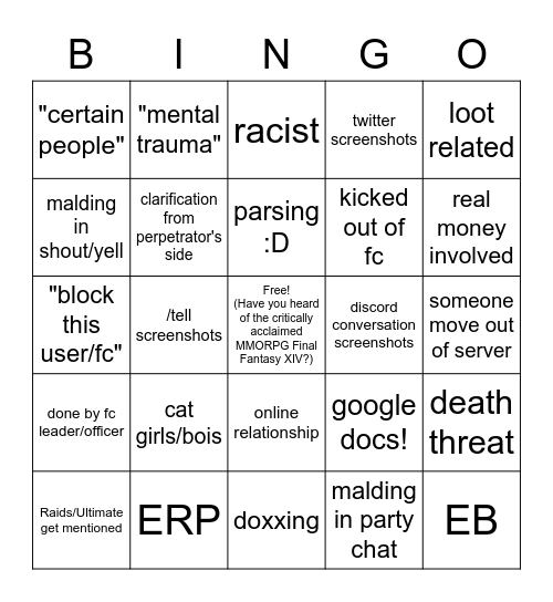 FFXIV Drama Bingo Card