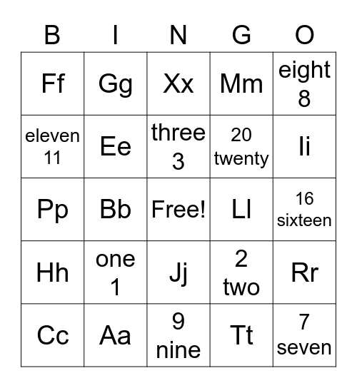 Numbers and Letters 2 Bingo Card