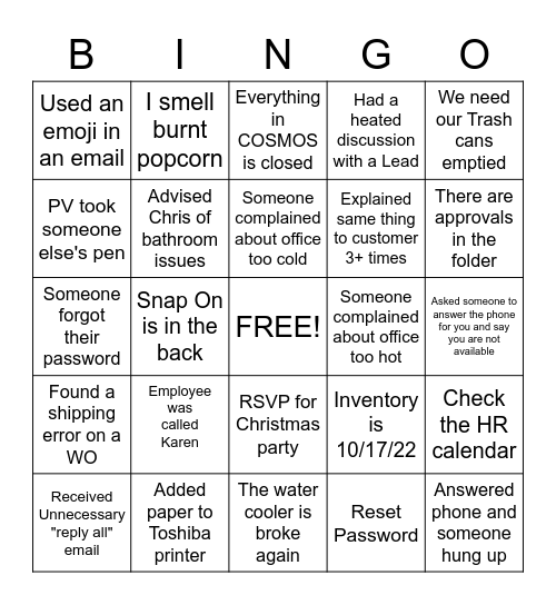 OFFICE Bingo Card