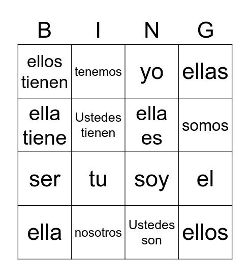 Pronouns, Ser, Tener Bingo Card