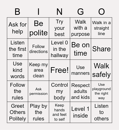 Good Behavior Bingo Card
