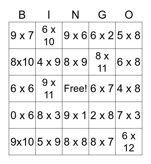 6, 7 and 9 times tables Bingo Card