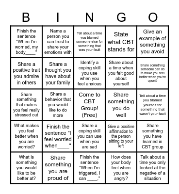 Cognitive Behavioral Therapy BINGO Card