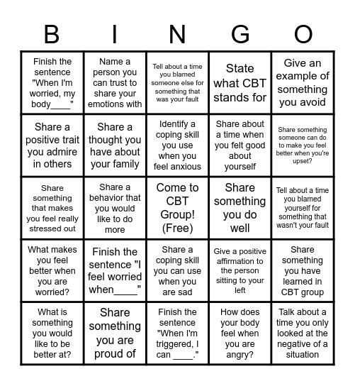 Cognitive Behavioral Therapy BINGO Card