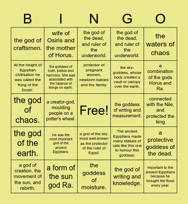 Egyptian Gods and Goddesses Bingo Card