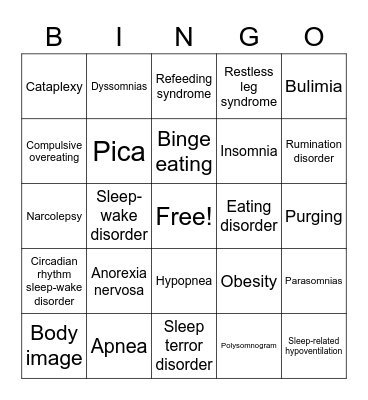 Eating and Sleeping Disorders Bingo Card