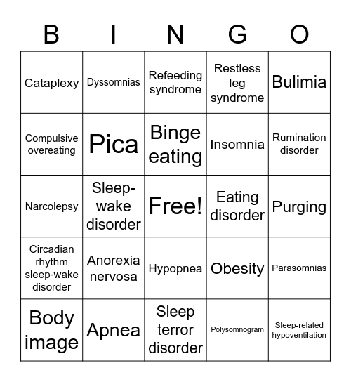 Eating and Sleeping Disorders Bingo Card