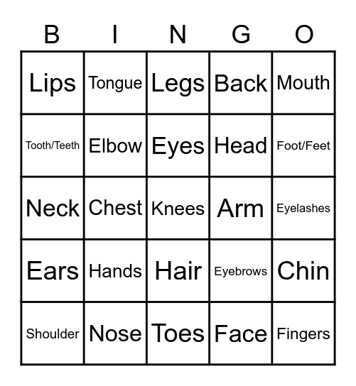 Parts of the Body Bingo Card