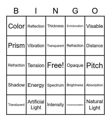 Light and Sound Vocabulary Bingo Card