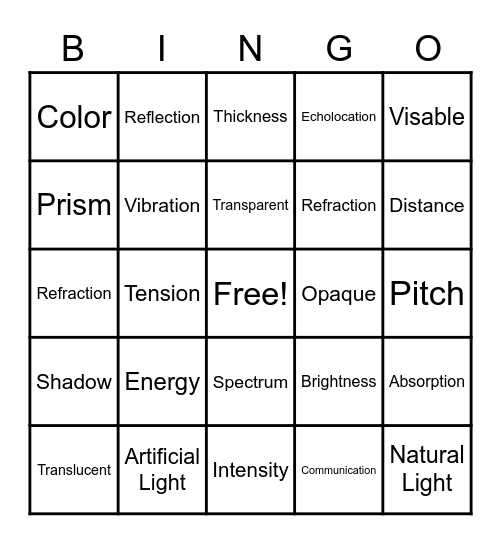 Light and Sound Vocabulary Bingo Card
